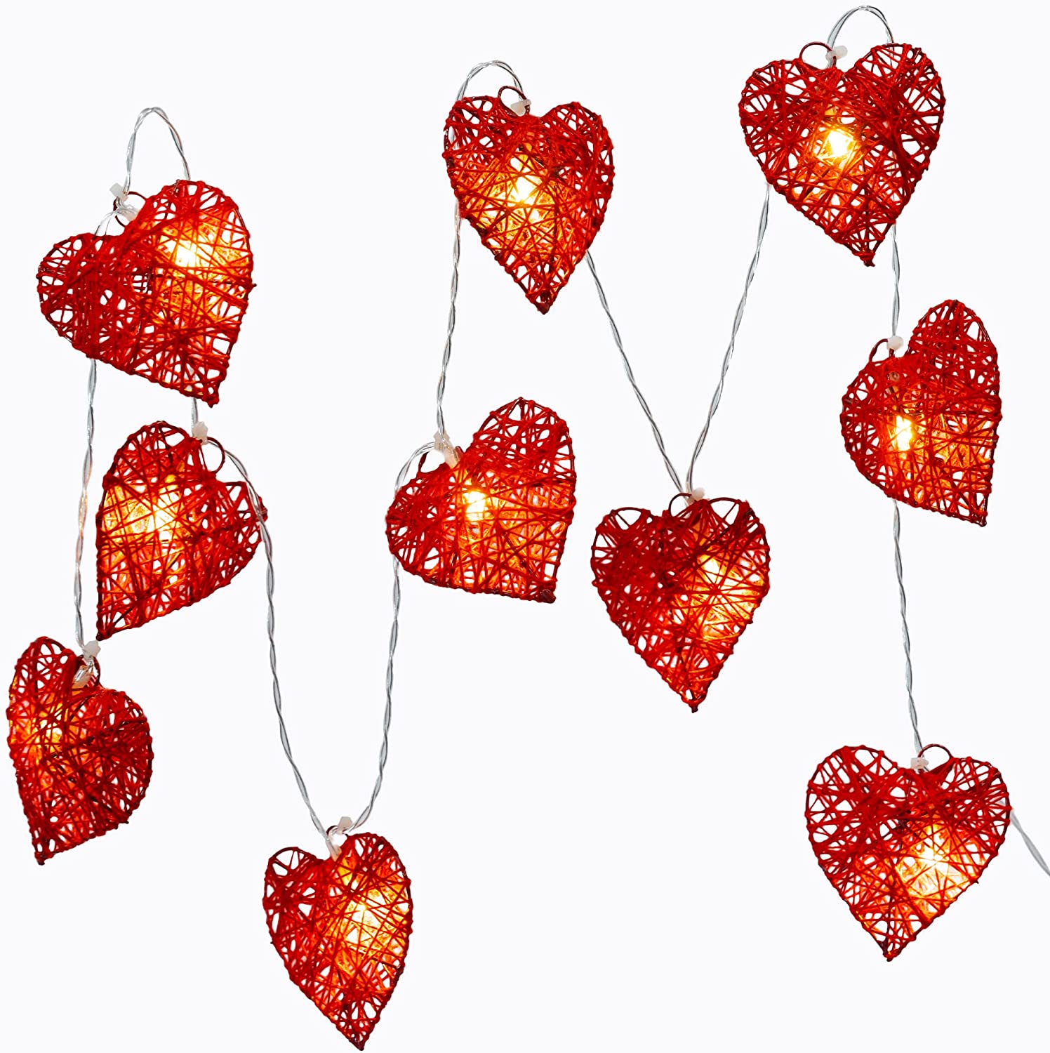 5.5 feet 10 LED String Fairy Light w/Metal Twine Covered Red Hearts ...