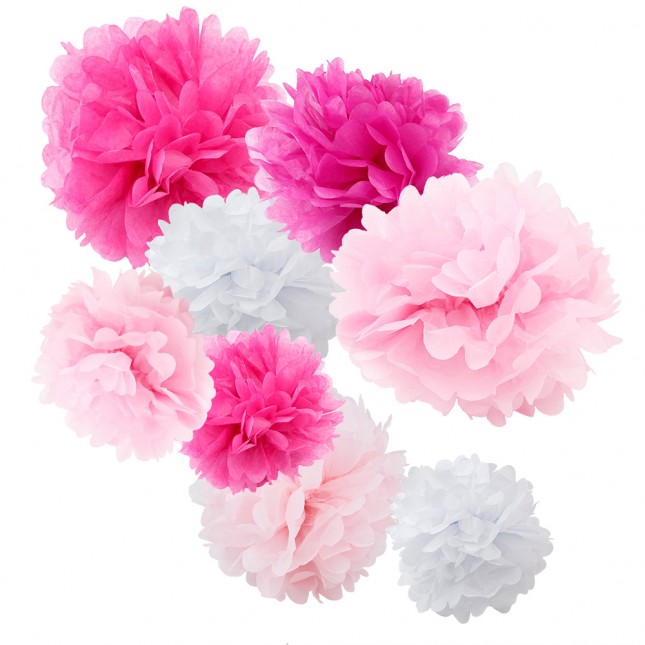 assorted pink and white paper tissue pom pom