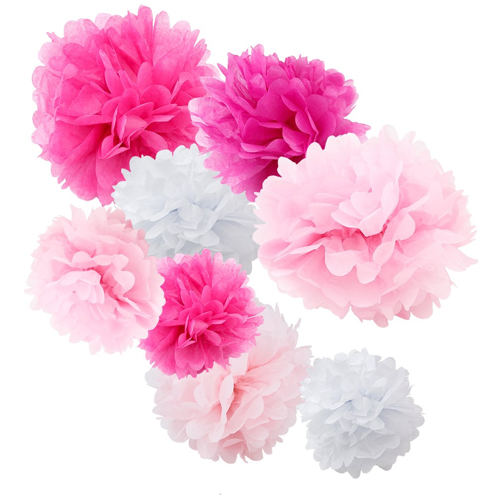 Assorted Pink and White Paper Tissue Pom Poms Set of 8 Color Pack - 8", 10", 12") - works